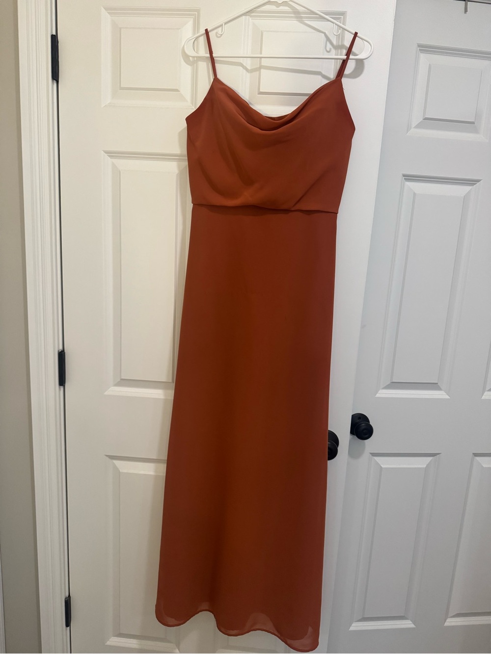 Cowl-Neck Spaghetti Strap Maxi Dress in Rust